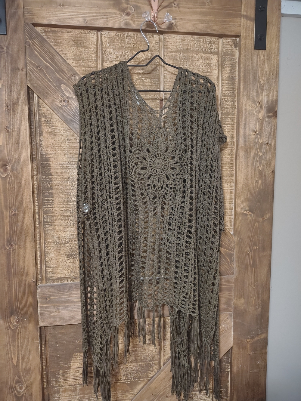 Crochet Fringe Throw Over in Brown